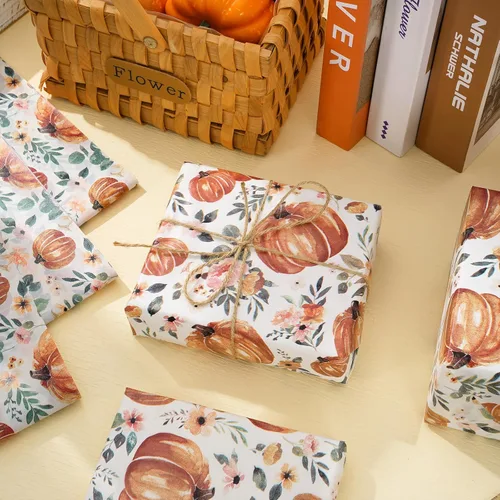 Miniatura 4 de Whaline 100 piezas de papel de seda de otoño con estampado floral de calabaza, papel de regalo de flores vintage para cosecha de otoño, Acción