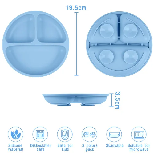 Miniatura 2 de Vicloon Platos de succión, 2 platos para bebés pequeños, 100% silicona de grado alimenticio sin BPA, diseño de placa dividida, agarre de silicona