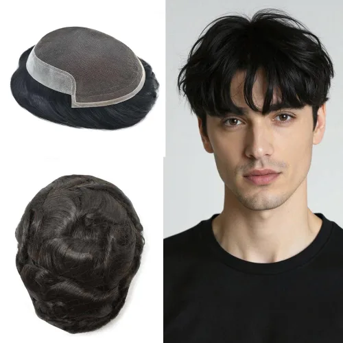Toupee - Pieza de cabello humano real, sistema de reemplazo de encaje suizo suave para hombre, pieza de pelo tipo tupé, protesis capilar para hombre