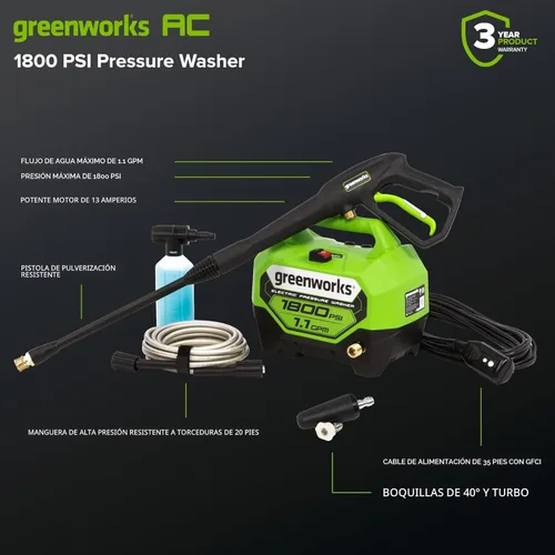 Miniatura 3 de Greenworks Lavadora a presión eléctrica de 1800 PSI (1.1 GPM) con certificación PWMA