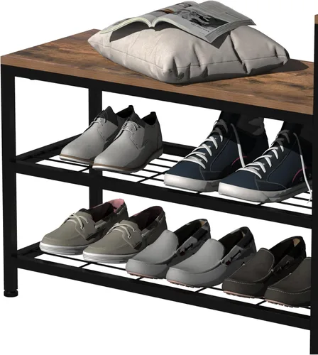 Miniatura 4 de EXOTICA Banco de entrada de 3 niveles con almacenamiento para zapatos, banco con 4 cajones de tela, marco metálico y tablero de madera, zapatero