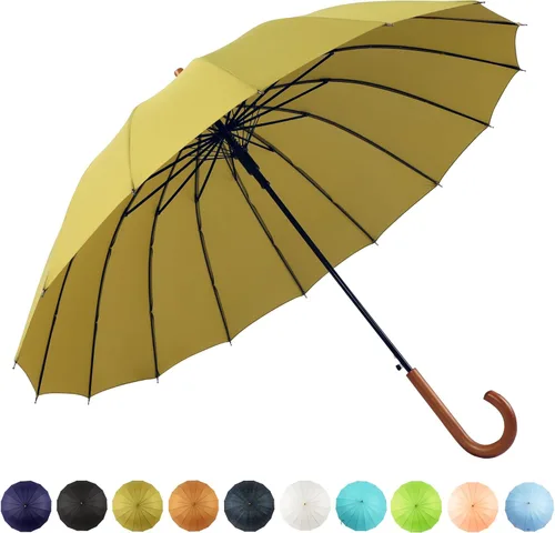 Miniatura 10 de SoulRain Paraguas de palo de 16 varillas de 48 pulgadas, apertura automática, color sólido, moderno y simple, mango de madera clásico de arco