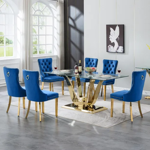 Miniatura 31 de Mesa de comedor moderna de vidrio de 70 pulgadas para 6-8, mesa de comedor de cristal dorado de lujo con base de acero inoxidable en forma de flores