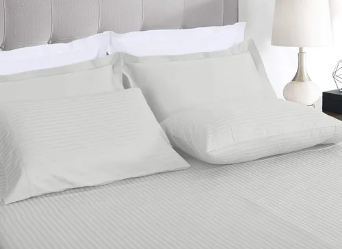 Miniatura 2 de Threadmill Sábanas de tamaño queen, 100 % algodón, 600 hilos, 4 piezas, diseño de damasco, rayas, gris claro, calidad de hotel, algodón peinado
