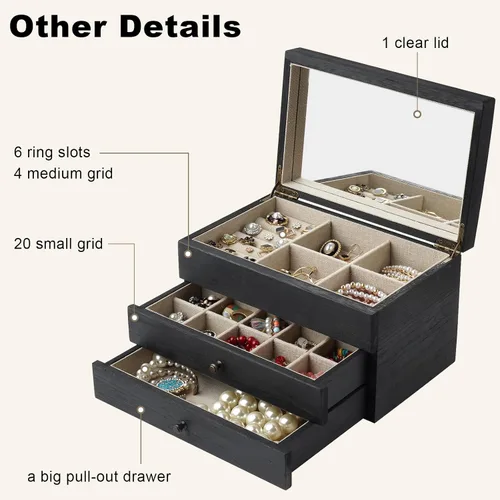 Miniatura 3 de Meangood Caja Organizadora de Joyería para Mujeres, Estuche de Almacenamiento de Joyería de 3 Capas Grande, Caja de Joyería de Madera Rústica