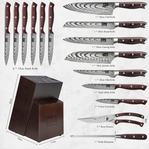 Miniatura 2 de SHAN ZU Juego de Cuchillos de 16 piezas, Cuchillo de Cocina Japonés con Bloque de Acero Inoxidable de Alto Carbono, Cuchillo Ultra Afilado