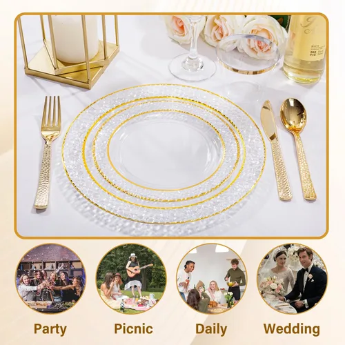 Miniatura 8 de Nervure 150 piezas de platos de plástico transparente con cubiertos martillados dorados que incluyen 25 platos de cena, 25 platos de postre, 25
