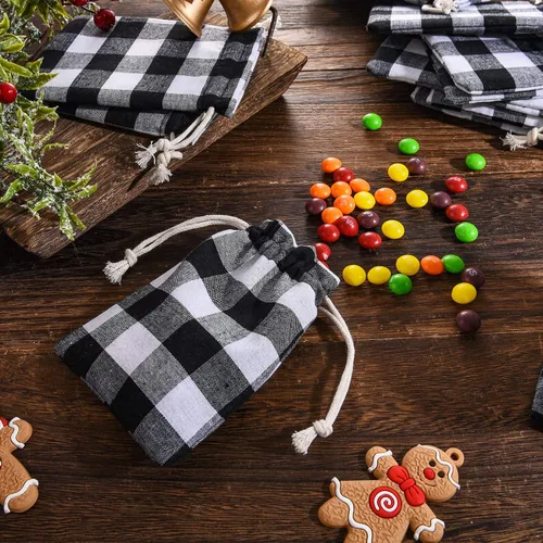 Miniatura 3 de Boao 24 piezas Bolsas de Navidad Bolsas de regalo con cordón de Navidad a cuadros de búfalo envoltura de regalo de algodón bolsa de dulces