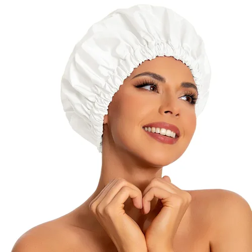 Miniatura 40 de Gorro de ducha reutilizable para mujer, grande, impermeable, lavable, banda elástica, accesorios de baño, sombrero para cabello largo, trenzas Beige