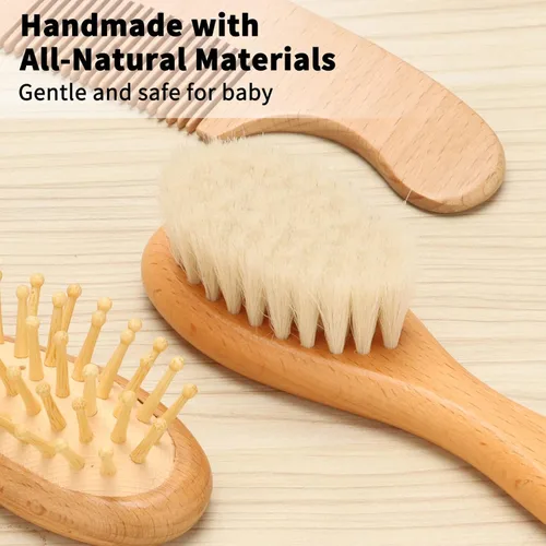 Miniatura 8 de Juego de cepillos de pelo de cabra para bebé, peine de madera para masaje, peine de cuero cabelludo, kit de cuidado natural seguro para el cabello