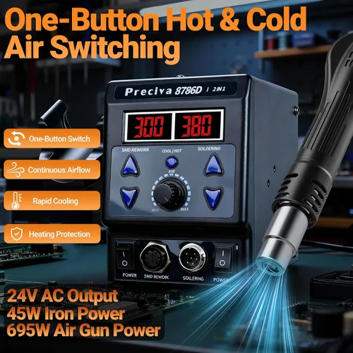 Miniatura 5 de Kit de estación de soldadura con pistola de aire caliente 2 en 1 Preciva 8786D con °F / °C, conversión de aire frío/caliente, estación de soldadura