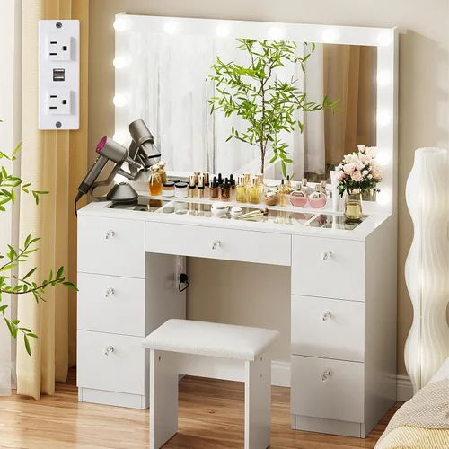 Miniatura 11 de VOWNER Tocador con espejo iluminado: escritorio de maquillaje con parte superior de vidrio con 7 cajones y toma de corriente, 3 modos de iluminación