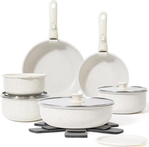 Miniatura 10 de SODAY Juego de 15 piezas de ollas y sartenes antiadherentes, juegos de utensilios de cocina con mango desmontable, herramientas de cocina RV Blanco