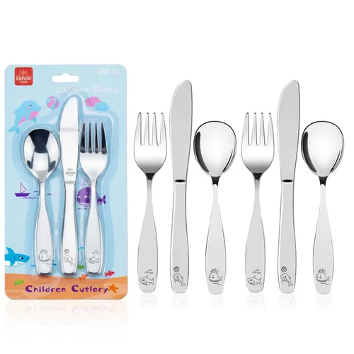 Lehoo Castle Cubiertos para niños pequeños, 6 piezas, utensilios de acero inoxidable para niños, cubiertos seguros para niños para autoalimentarse