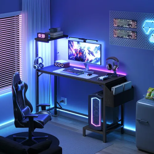 Miniatura 2 de MAHANCRIS Escritorio para videojuegos, escritorio de computadora con estación de carga y luz LED, escritorio pequeño para PC con bolsa