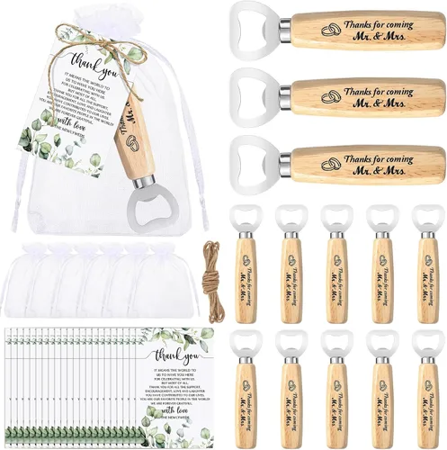 Dandat Juego de 50 recuerdos de boda: abrebotellas, tarjetas de agradecimiento, bolsas de organza y cordel de yute para recuerdos de fiesta y