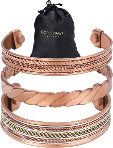 Miniatura 7 de Coppervast Pulseras de cobre para hombre y mujer Juego de 3 con bolsa de regalo Hecho a mano 100% cobre