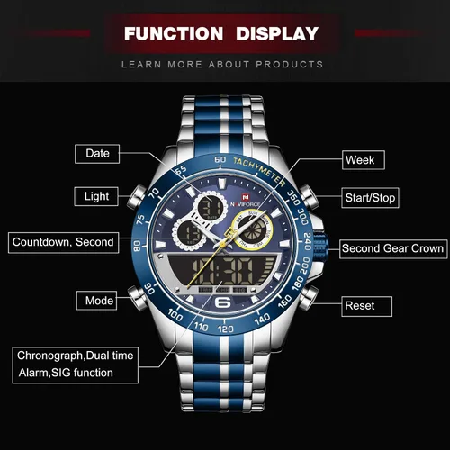 Miniatura 5 de NAVIFORCE Reloj deportivo analógico digital para hombre, impermeable, multifunción, cronógrafo de silicona con correa