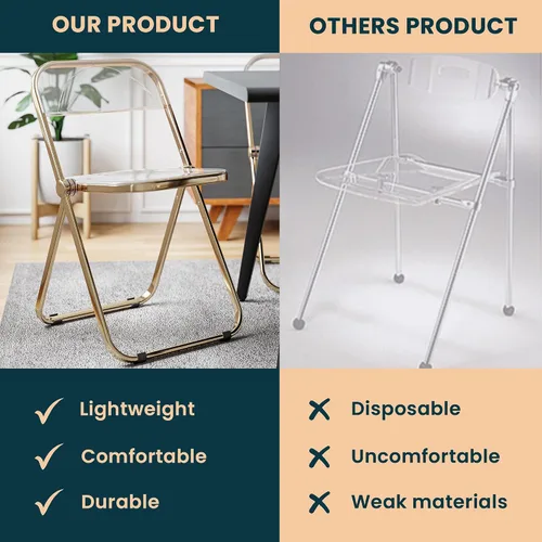 Miniatura 6 de LeisureMod Juego de 2 sillas plegables modernas de acrílico transparente Silla de escritorio con marco de metal dorado Cómoda silla decorativa