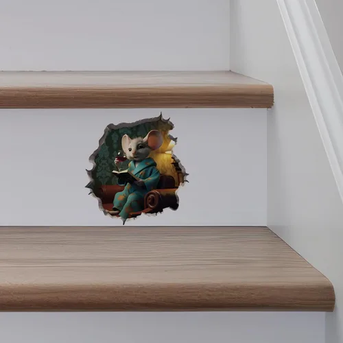 Miniatura 5 de Calcomanía de pared 3D con agujero de ratón con diseño de vino y libro mí
