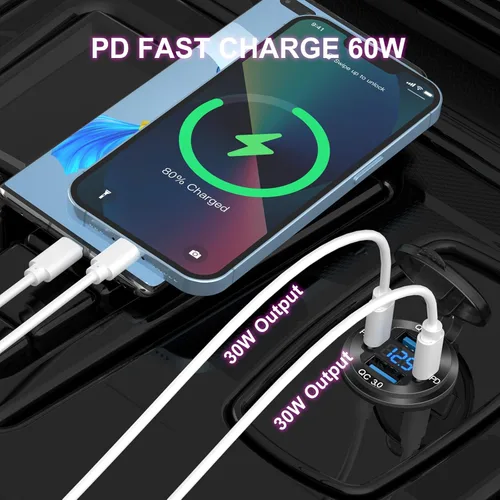 Miniatura 4 de Actualizado Cargador de 4 Puertos 12V USB de Aluminio, 78W Dual PD y QC Múltiples Puertos USB para Coche, Enchufe de 12 Voltios de Reemplazo