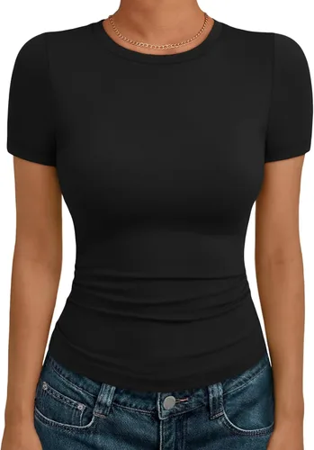 Miniatura 20 de AUTOMET - Camisetas básicas de manga corta para mujer, para verano, entrenamiento o gimnasio, con cuello redondo, ropa moderna estilo Y2K