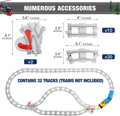 Miniatura 2 de Mannidoo 32 piezas de pistas de tren, pista de ferrocarril clásica con 20 pistas curvas, 10 pistas rectas y 2 pistas de cambio - Compatible