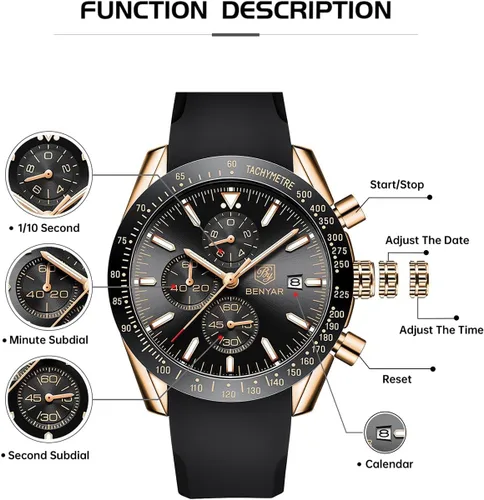 Miniatura 7 de BY BENYAR - Reloj para hombre, cronógrafo analógico de cuarzo, impermeable, luminoso, de diseñador, relojes de pulsera para hombre, para negocios