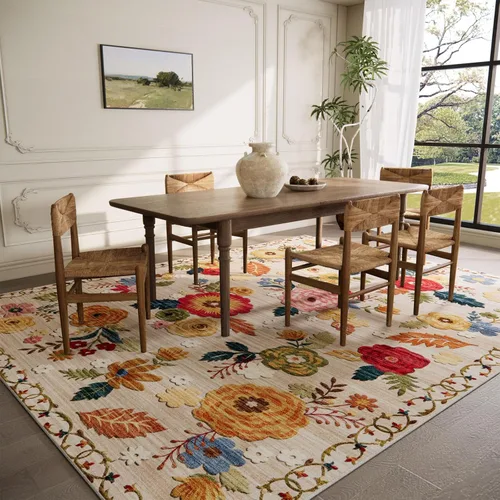 Miniatura 2 de Alfombras de 8x10 para Sala de Estar: Alfombra Lavable Resistente a Manchas, Vintage Floral Desgastada, Antideslizante, de Pila Baja, de Lana Beige