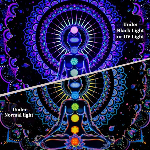 Miniatura 4 de Heopapin Blacklight - Tapiz de siete chakras, reactivo a los rayos UV, para yoga, meditación, mandala, tapiz de pared Trippy Galaxy Space Tapices
