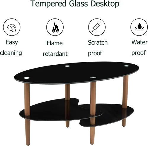 Miniatura 5 de Mesa de centro de cristal, mesa de centro ovalada en sala de estar con patas de madera de roble y vidrio de 2 niveles (transparente), mesa de té