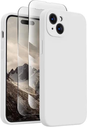 FireNova Funda diseñada para iPhone 15, funda de silicona mejorada [protección de cámara] con [2 protectores de pantalla], forro interior de Blanco