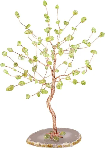 Miniatura 5 de SUNYIK Juego de árbol de dinero de peridoto hecho a mano sobre base de rodajas de ágata natural, árbol de la vida, cristales curativos con virutas
