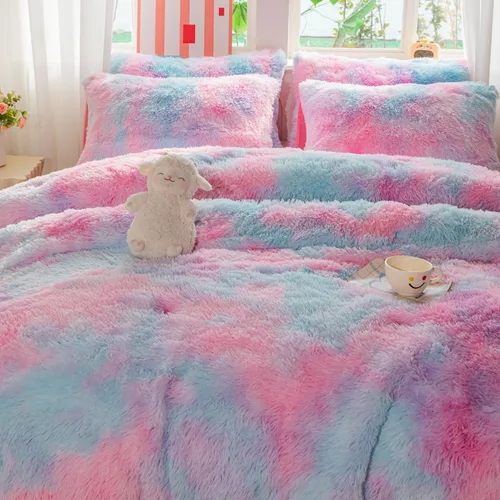 Miniatura 7 de Juego de edredón de piel sintética para niños y niñas, color morado y arcoíris, tamaño individual/matrimonial, juego de cama de 3 piezas, cálido