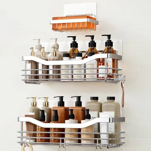 Orimade Cesta de ducha con 5 ganchos, organizador de baño, estante de almacenamiento de cocina, adhesivo montado en la pared, sin perforaciones,