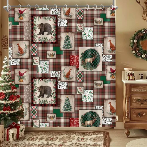 Miniatura 10 de Wathon Cortina de Ducha de Oso Negro de Invierno Escena Nevada Cortina de Baño con Osos Abrazándose Rodeados de Nieve y Bayas Rojas, Decoración