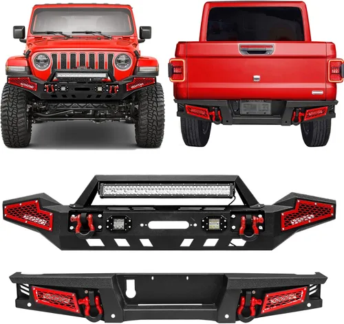 BESTZHEYU JT Parachoques delanteros y traseros para JT Gladiator 2020 2021 2022 2023 con placa de cabrestante, luces LED y anillos en D, textura