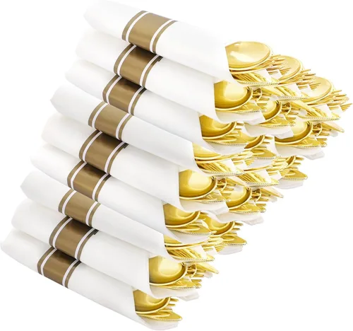 Miniatura 18 de Supernal 180 cubiertos de plástico dorado, utensilios de plástico desechables resistentes, juegos de cubiertos desechables dorados incluyen 60