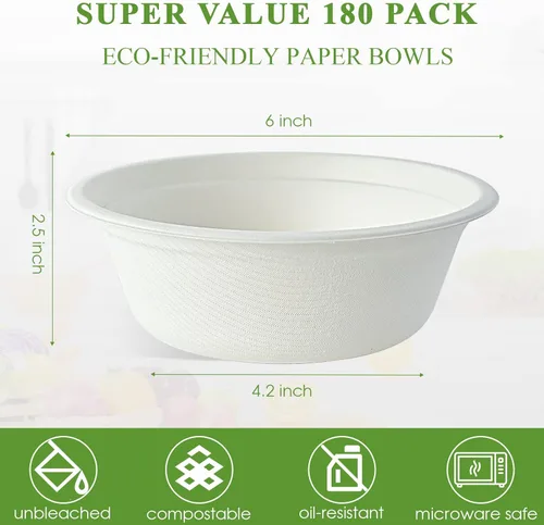 Miniatura 3 de Vplus Paquete de 180 Tazones de Papel de 16 OZ, Desechables Compostables a Granel, Bagazo Ecológico, Tazones Resistentes Perfectos para Leche, 16OZ