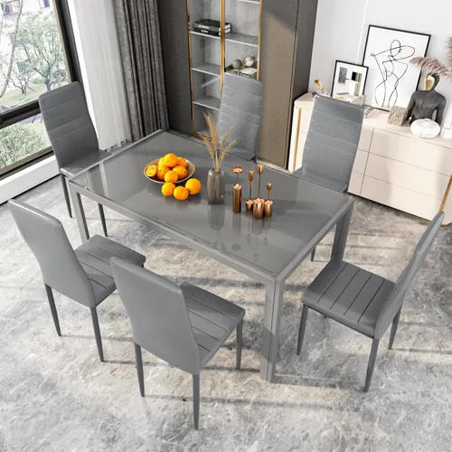 Miniatura 8 de DKLGG Juego de mesa de comedor de 7 piezas para 6, mesa de cocina de vidrio templado con sillas de cuero PU, juego de mesa de comedor moderno