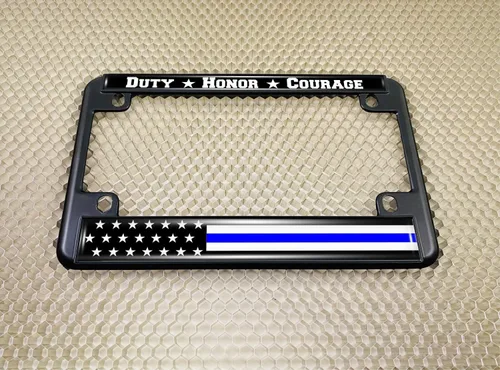 Miniatura 5 de Marco de matrícula de metal para motocicleta con línea azul delgada (rayas) diseño de bandera de Estados Unidos, color negro