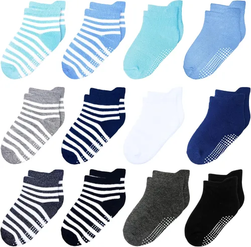 Miniatura 20 de 12 paquetes de calcetines antideslizantes para niños y bebés con agarres, 1-7 años, calcetines de algodón para tobillo para niños y niñas