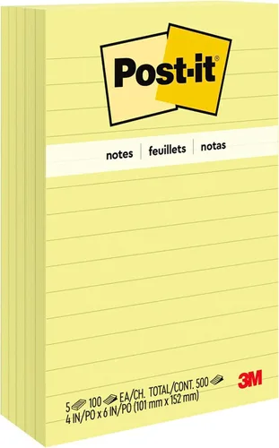 Post-it Notas, 4 x 6 pulgadas, 5 blocs de notas adhesivas forradas, 100 hojas por bloc, amarillo canario, The Original Post-it Note, suministros