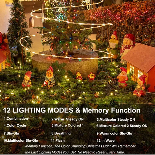 Miniatura 4 de 100 luces LED de color blanco cálido a multicolor de 33 pies, funciona con pilas, 8 modos, tira de luces para interiores y exteriores, para árbol