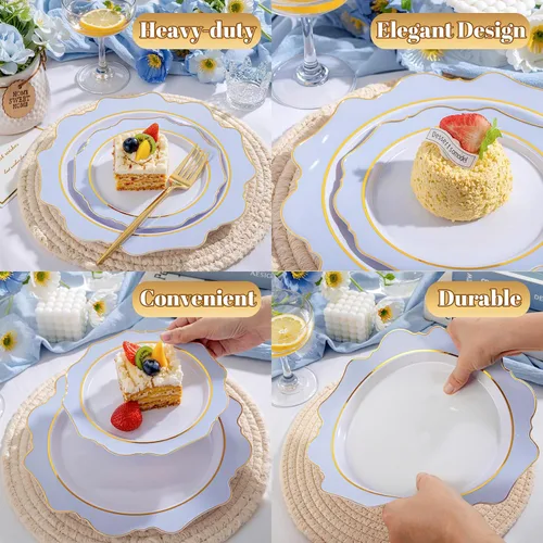 Miniatura 7 de WDF 100 piezas de platos de plástico azul - Platos desechables azul claro - Platos de plástico con borde festoneado resistente