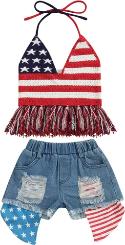 Miniatura 21 de Adobabirl Conjunto de ropa de verano para niña pequeña, sin mangas, acanalada, top halter y pantalones cortos, ropa de moda para niños con cinturón