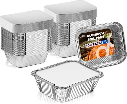 Fit Meal Prep Paquete de 100 sartenes pequeñas de papel de aluminio de 1 libra con tapas, recipientes desechables para alimentos con tapas para