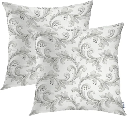 Batmerry Juego de 2 fundas de almohada decorativas con estampado floral gris y blanco de 18 x 18 pulgadas, estilo victoriano con patrón de flores