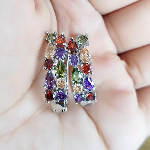 Miniatura 3 de Pendientes de aro para mujer, de lujo, esmeralda sintética, multicolor, circonita cúbica, para mujeres, adolescentes, niñas, cumpleaños, Navidad