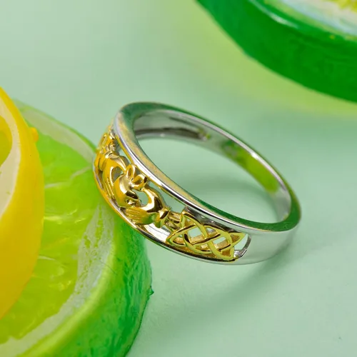 Miniatura 5 de Jeulia Claddagh - Anillos para mujer, plata de ley 925, chapado en oro de 14 quilates, anillo de compromiso de circonita cúbica de dos tonos, anillo